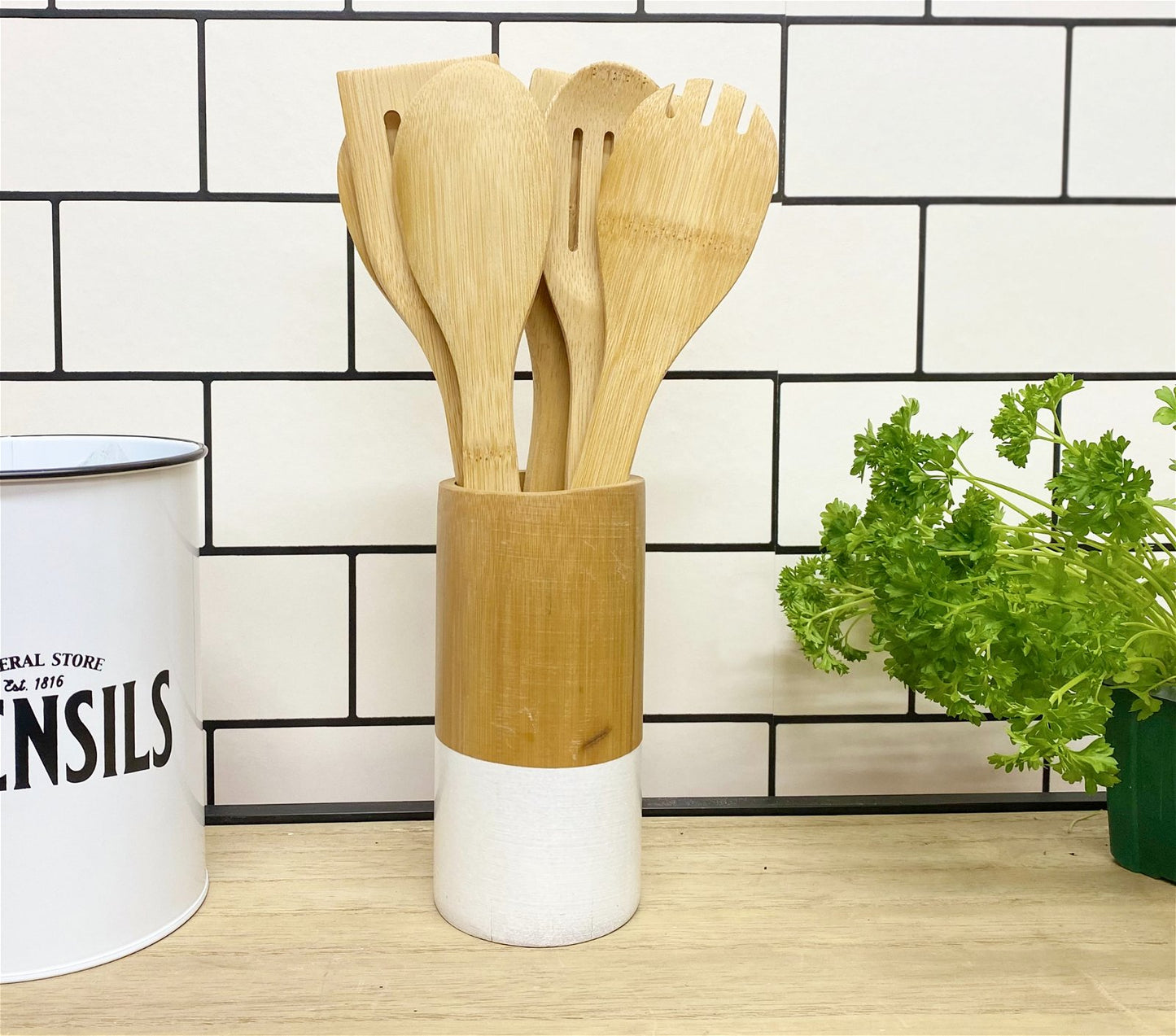 Six Piece Wooden Utensils with Round Holder