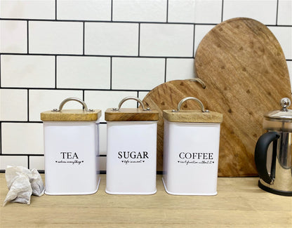 Tea, Coffee & Sugar Square White Storage Tins