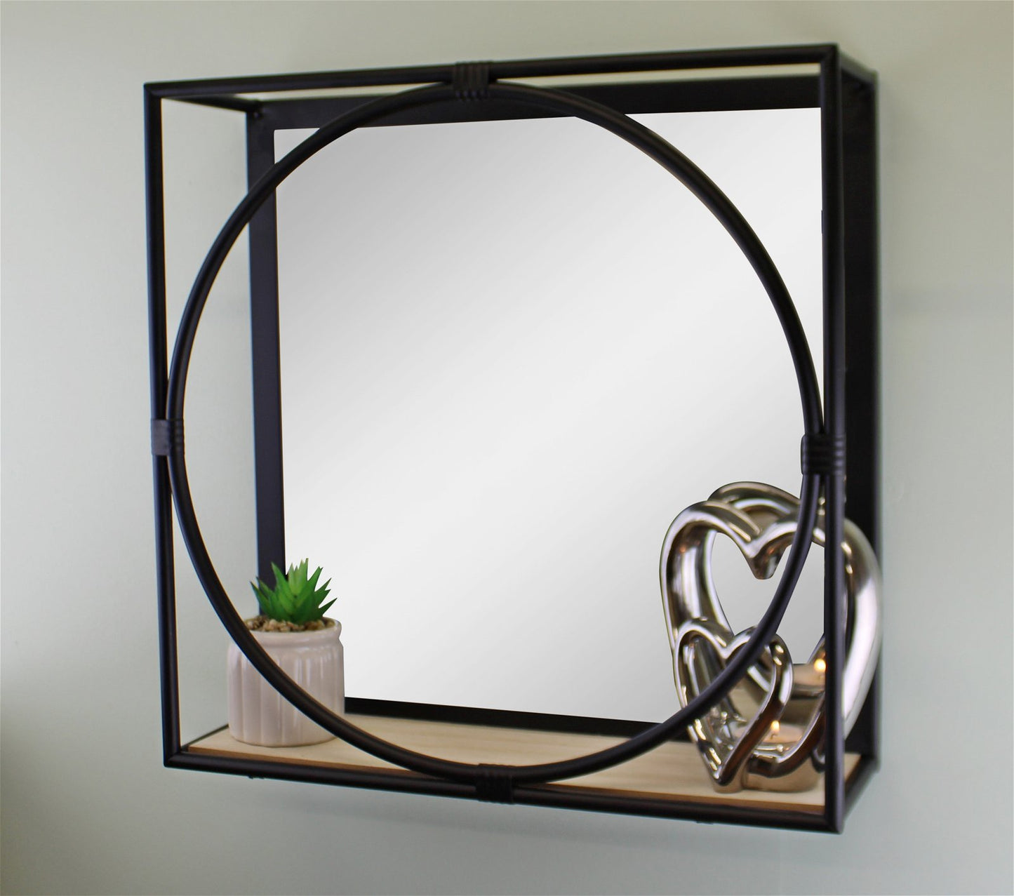 Black Metal Framed Mirror Shelf, 40cm