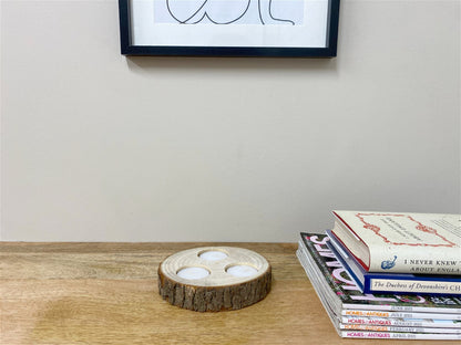 Wooden Triple Tealight Holder with Bark Detail