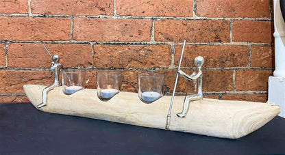 Three Tea Light Holder With Silver Men Rowing