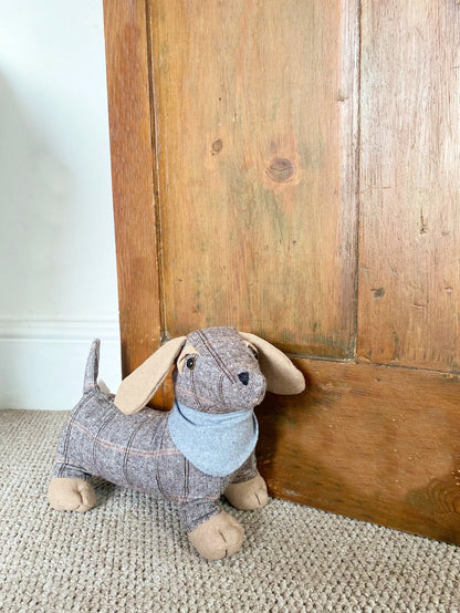 Brown Herringbone Fabric Sausage Dog Doorstop