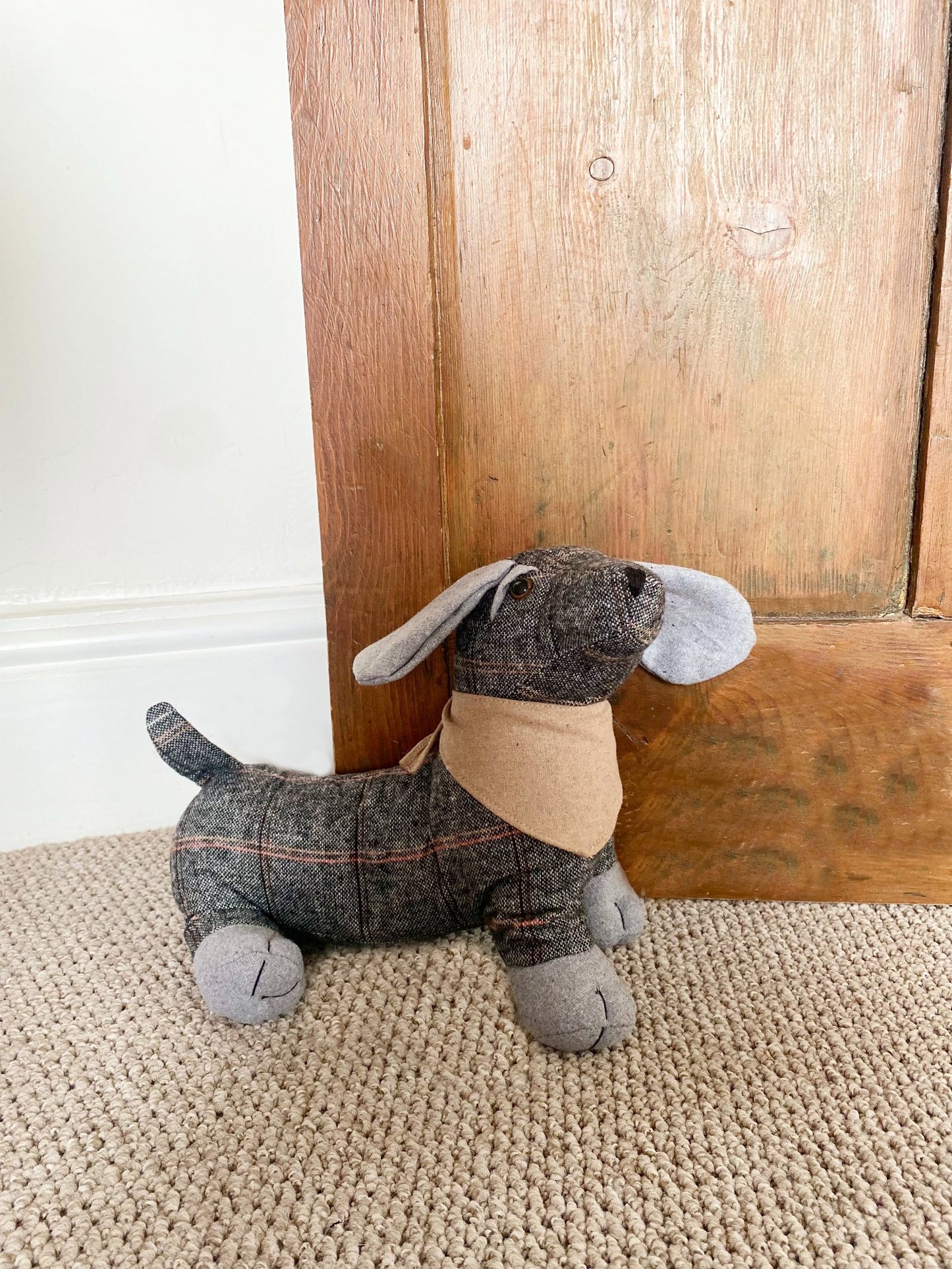 Grey Herringbone Fabric Sausage Dog Doorstop