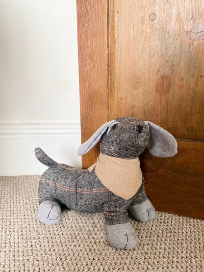 Grey Herringbone Fabric Sausage Dog Doorstop