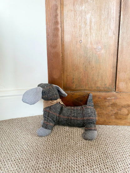 Grey Herringbone Fabric Sausage Dog Doorstop