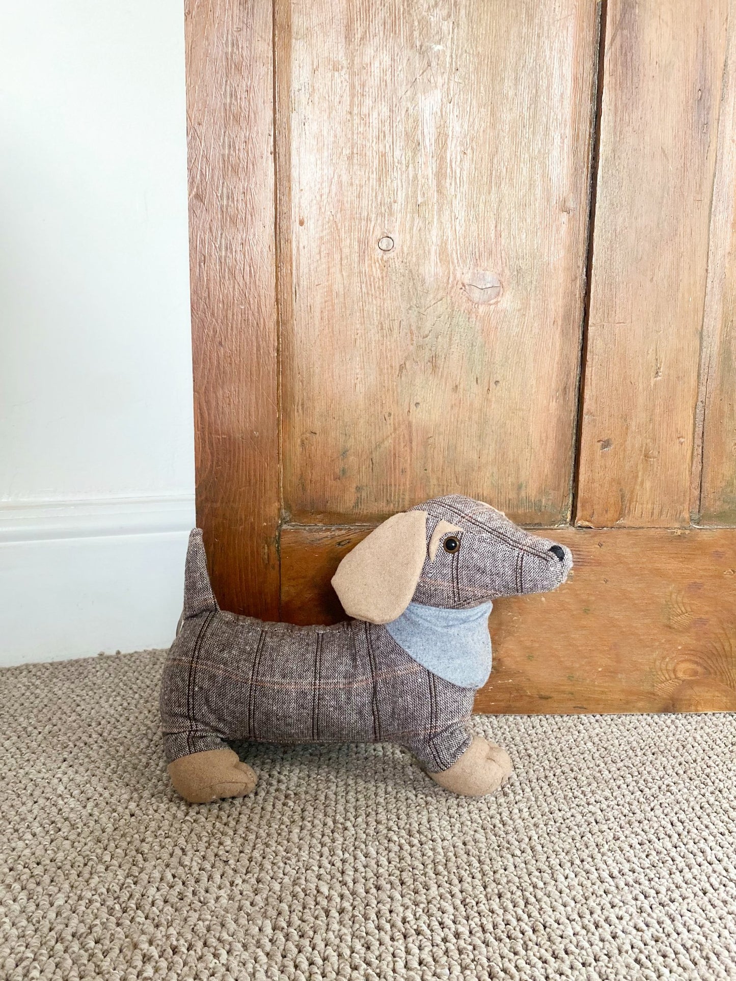 Tartan Fabric Sausage Dog Doorstop with Grey Bandana