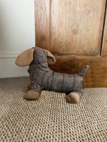 Tartan Fabric Sausage Dog Doorstop with Grey Bandana