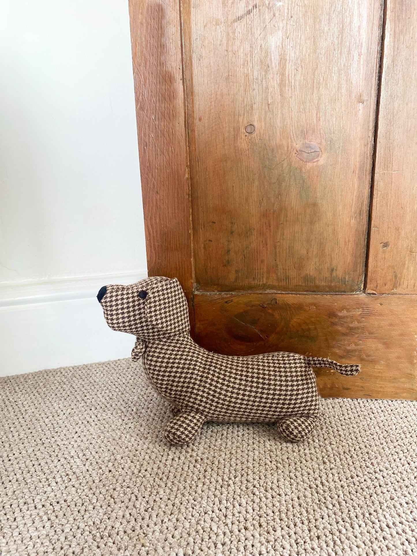 Brown Tartan Fabric Sausage Dog Doorstop