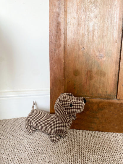 Brown Tartan Fabric Sausage Dog Doorstop