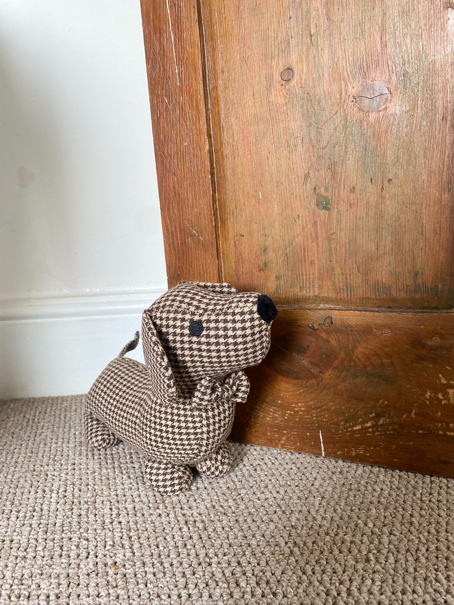 Brown Tartan Fabric Sausage Dog Doorstop