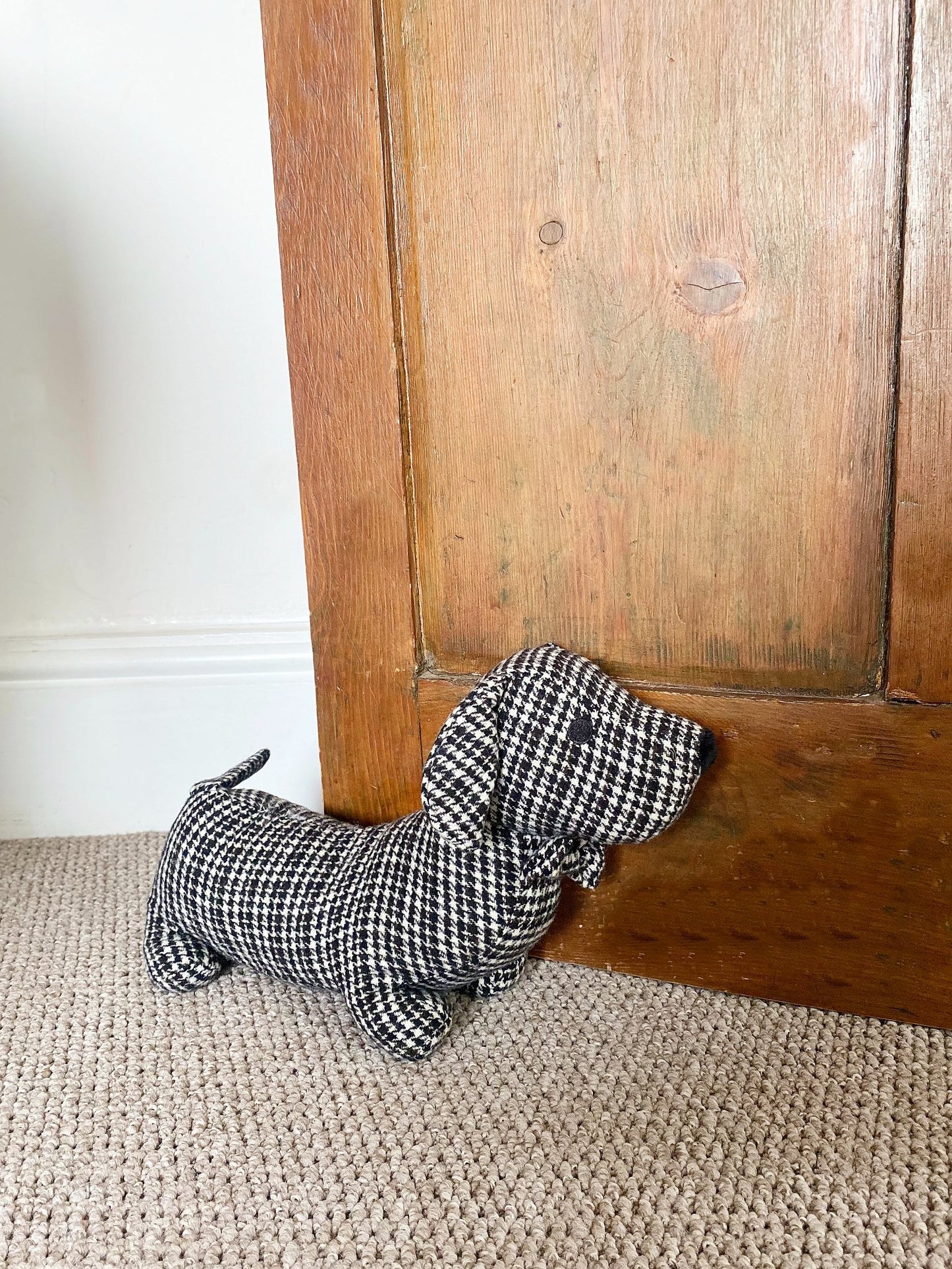 Grey Tartan Fabric Sausage Dog Doorstop