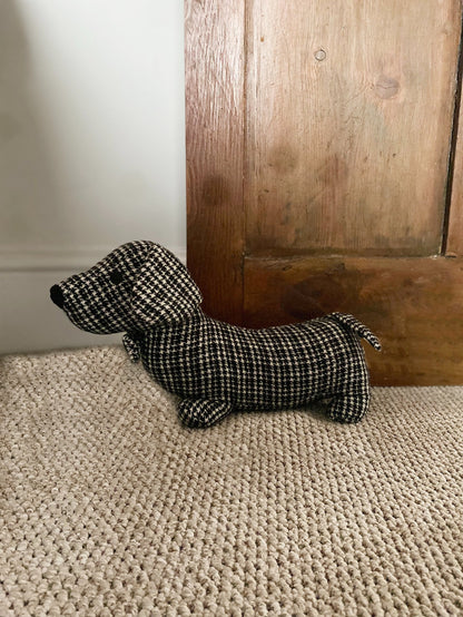 Grey Tartan Fabric Sausage Dog Doorstop