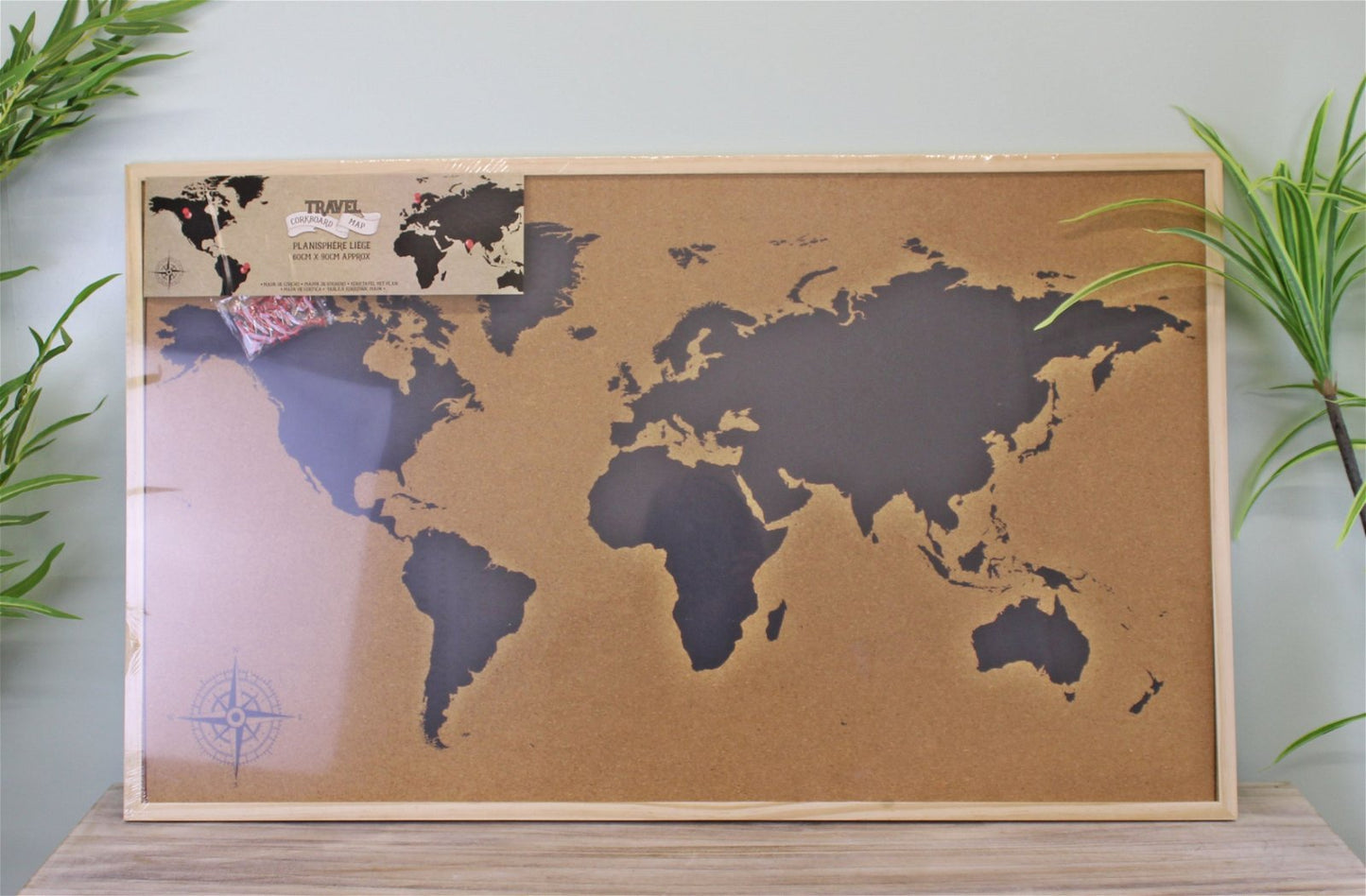 Framed Travel Corkboard Map, 90x60cm