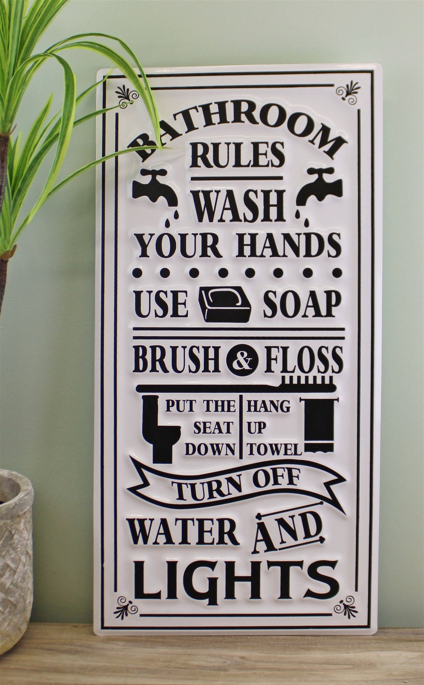 Metal, Wall Hanging Bathroom Rules Plaque, 60x30cm