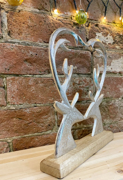 Silver Metal Heart Shape Deer On Wood Base