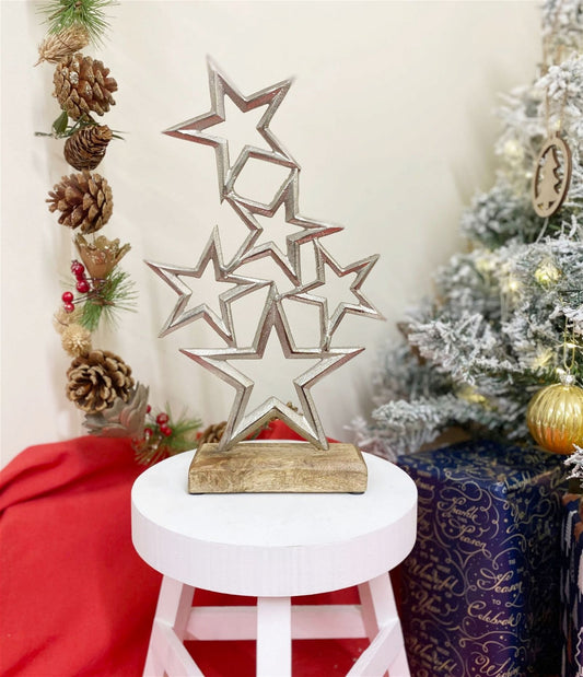 Silver Metal Stars On Wood Plinth