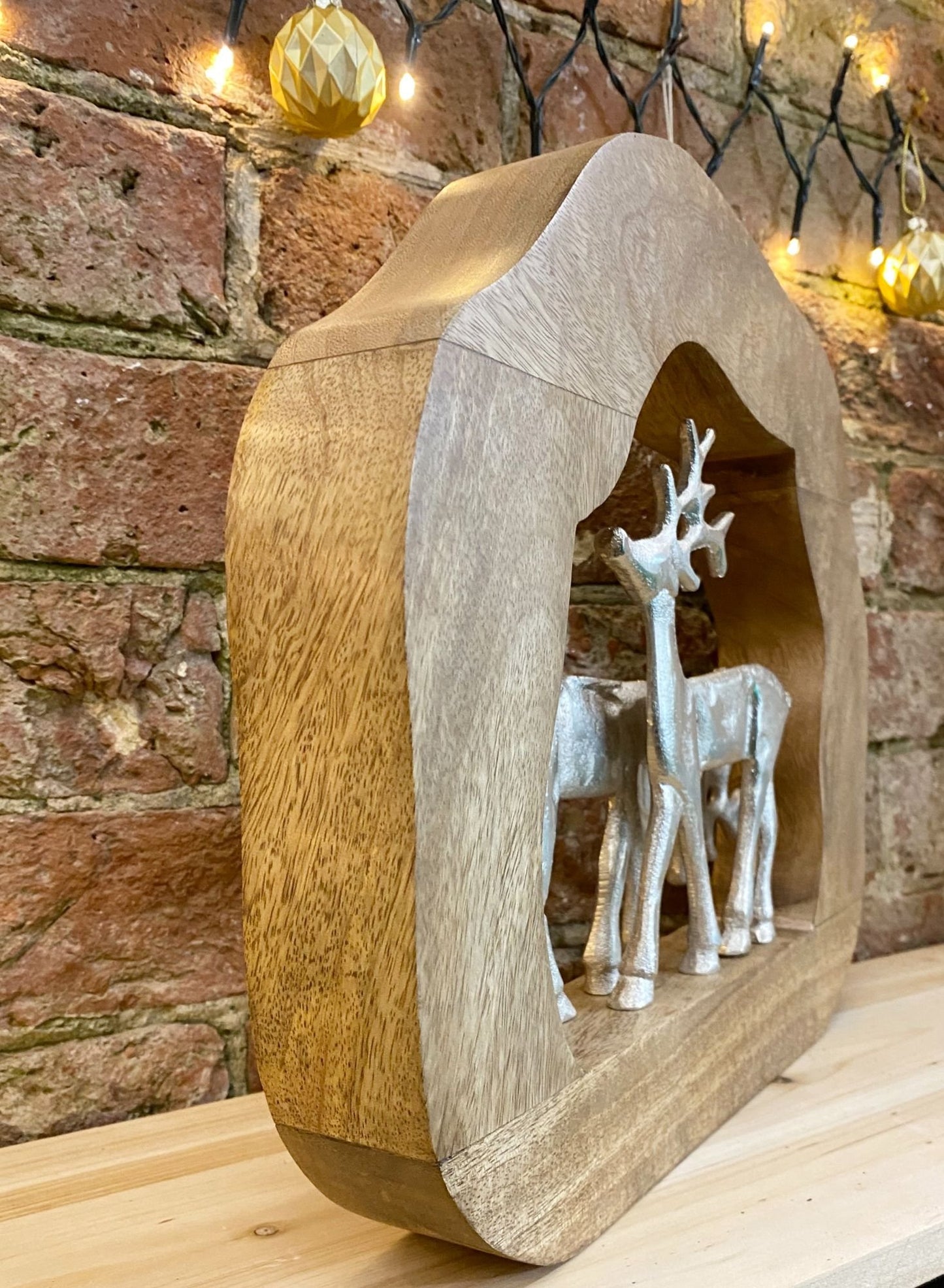 Wooden Log With Silver Metal Reindeers