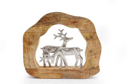 Wooden Log With Silver Metal Reindeers