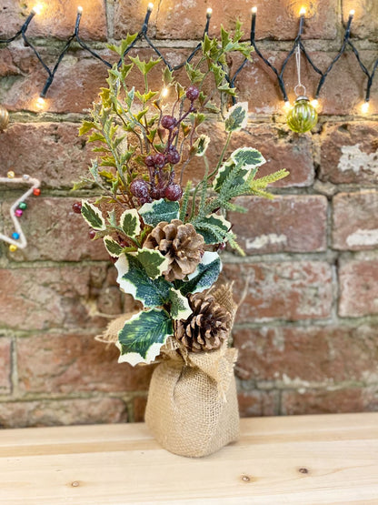 Pinecone & Berries Display In Hessian Sack