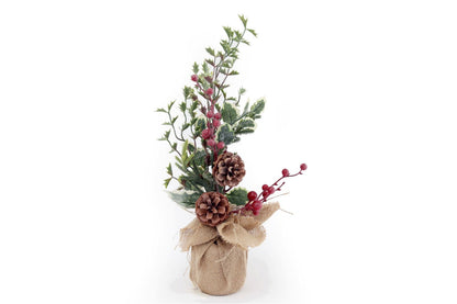 Pinecone & Berries Display In Hessian Sack