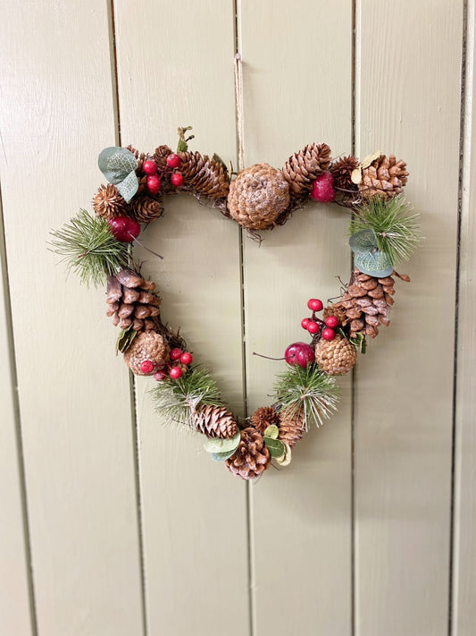 Fir Cone & Red Berry Botanical Heart Shape Wreath