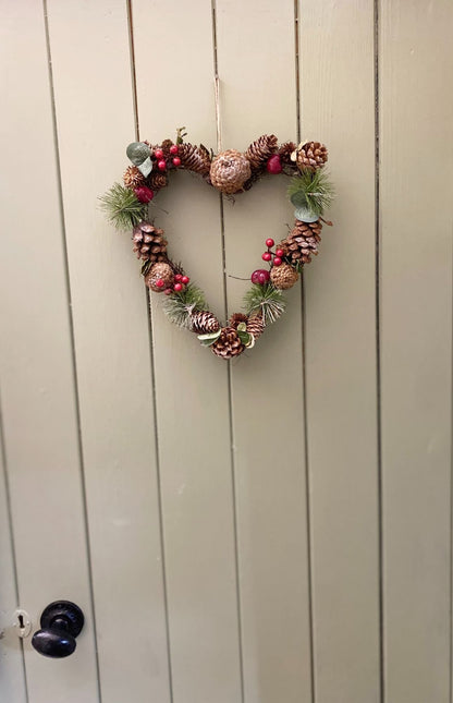 Fir Cone & Red Berry Botanical Heart Shape Wreath