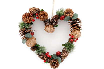 Fir Cone & Red Berry Botanical Heart Shape Wreath