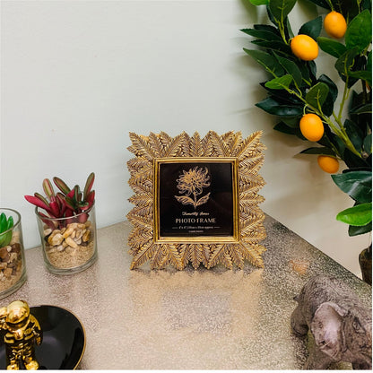 Photo Frame Edged With Golden Leaf Design 4x4"