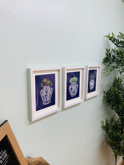 Set of 3 White Prints with Succulents In A Blue Vase 40cm