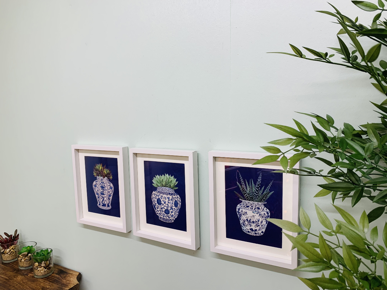 Set of 3 White Prints with Succulents In A Blue Vase 40cm