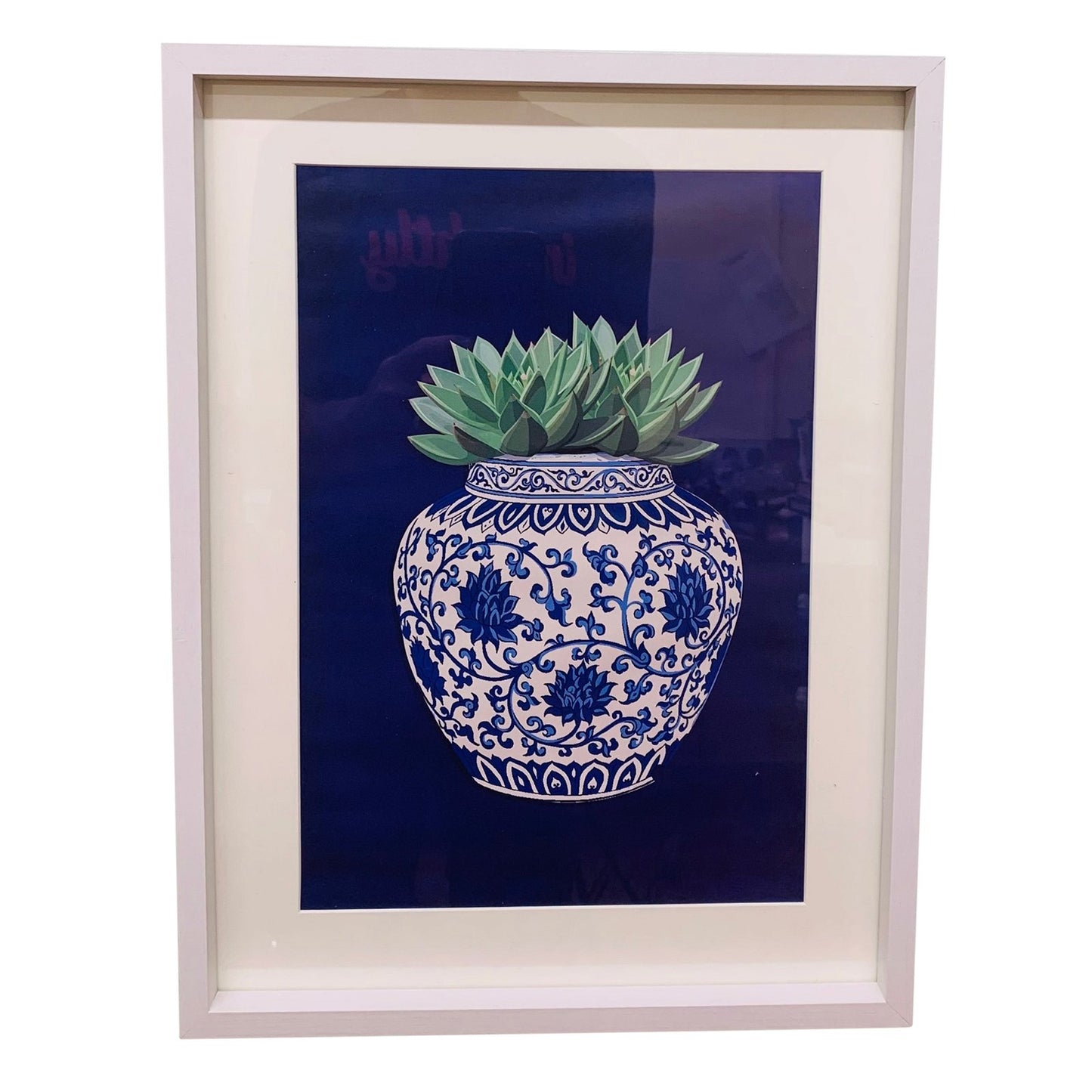 Set of 3 White Prints with Succulents In A Blue Vase 40cm