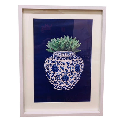 Set of 3 White Prints with Succulents In A Blue Vase 40cm