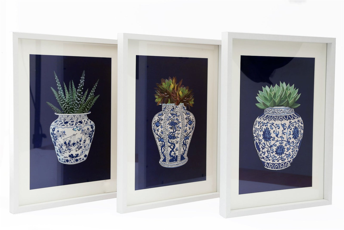 Set of 3 White Prints with Succulents In A Blue Vase 40cm