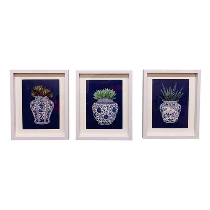 Set of 3 Photo Frames Depicting Succulents In A Blue Vase 25cm